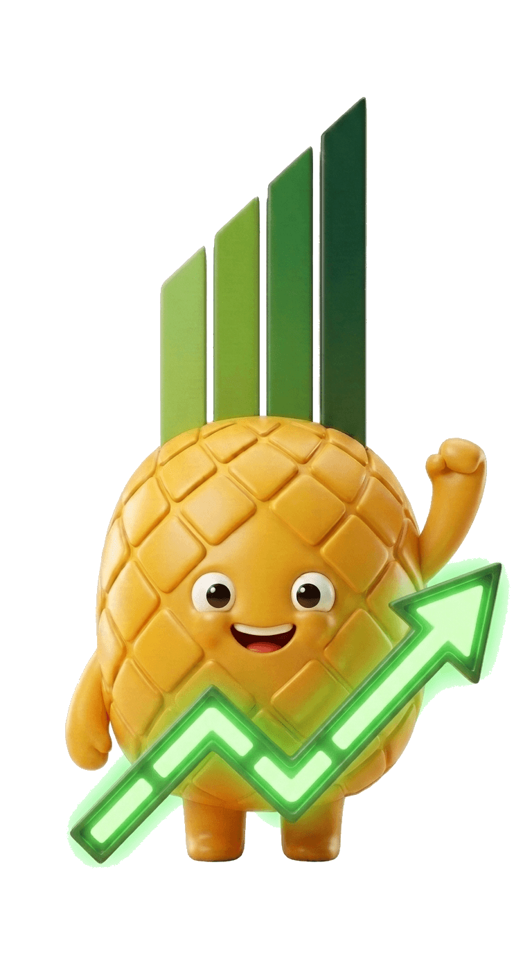 The Pinapl mascot celebrating with an arm raised beside a rising green revenue arrow.