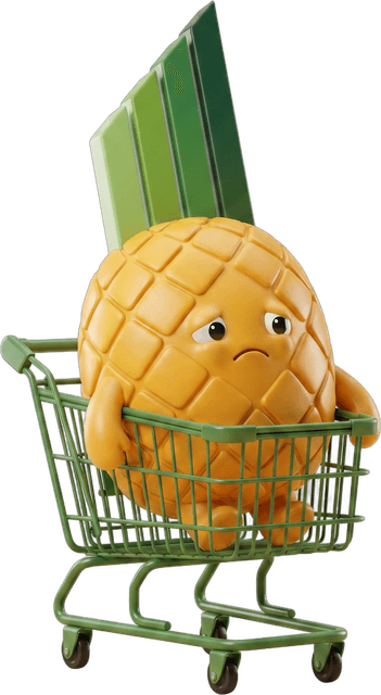 The Pinapl mascot slumped sadly in an abandoned shopping cart.