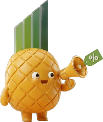 The Pinapl mascot shouting through a megaphone with a discount tag flying out.