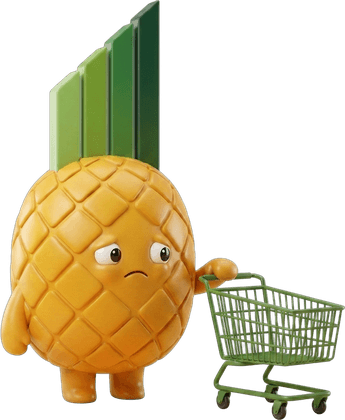 The Pinapl mascot standing wistfully beside a small empty shopping cart.