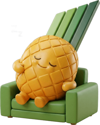 The Pinapl mascot asleep on a green couch with Zzz above it.