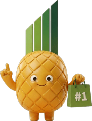 The Pinapl mascot proudly holding up a green shopping bag marked number one.