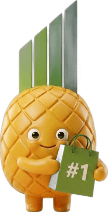 The Pinapl mascot happily hugging a green shopping bag marked number one.