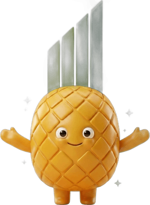The Pinapl mascot standing proudly with arms open amid golden sparkles.
