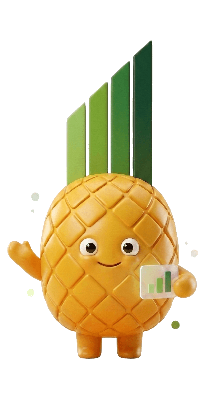 The Pinapl mascot as a marketing strategist, arm raised, presenting a small glowing green bar-chart card.