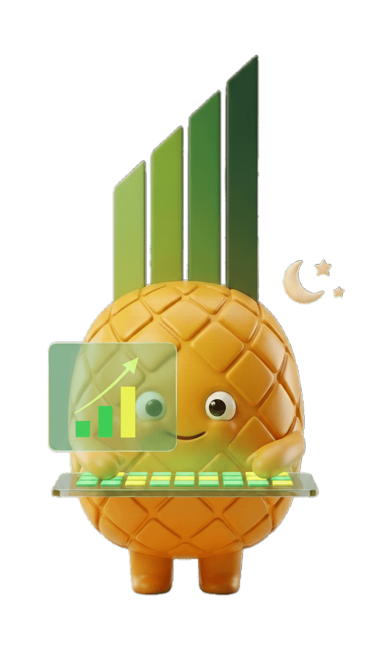 The Pinapl mascot, a glossy golden pineapple with a green growth-chart crown, typing at a glass keyboard beside a screen showing a rising revenue chart, working the night shift under a small crescent.