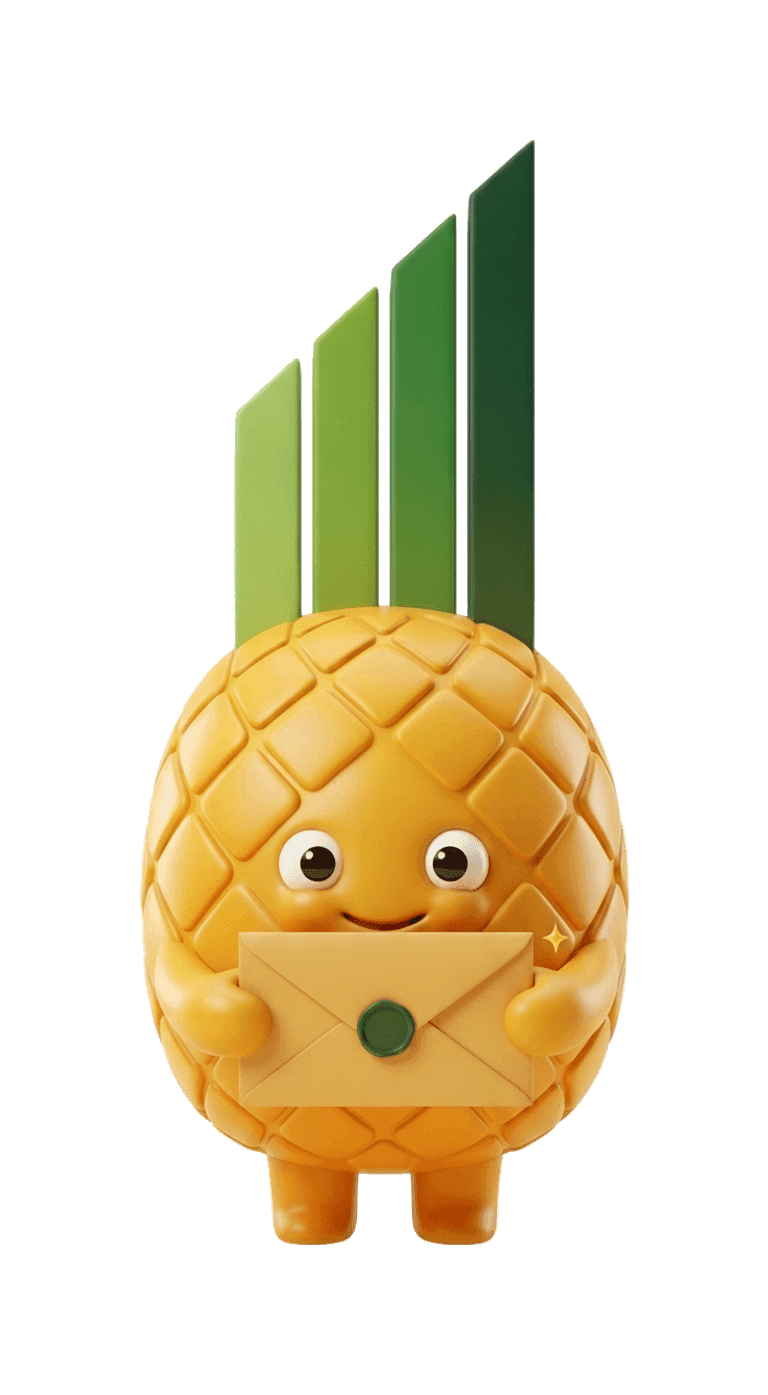 The Pinapl mascot — a glossy pineapple with a green growth-bar crown — holding out a gold envelope sealed with a green wax seal.