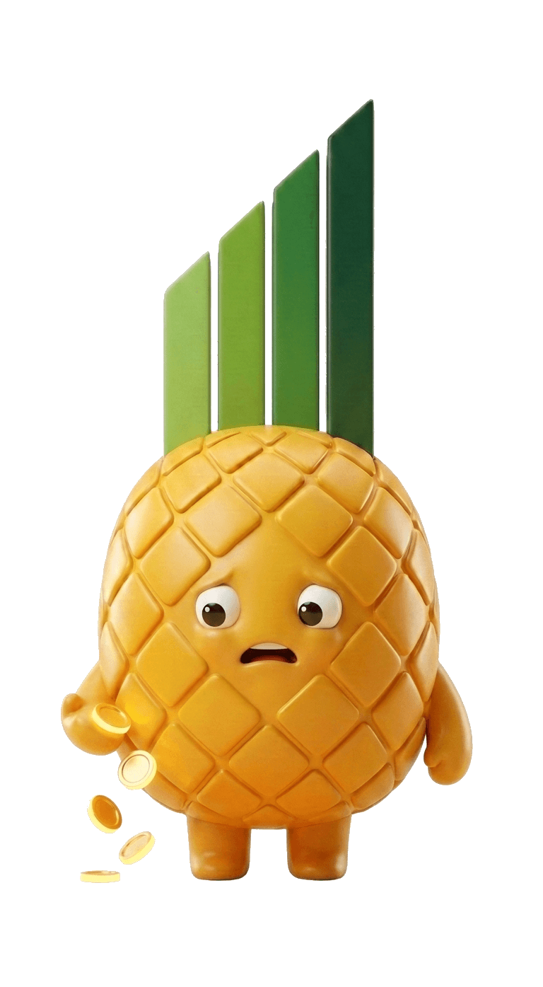 The Pinapl mascot looking worried as gold coins slip from its hand and fall away — the revenue a store quietly loses.