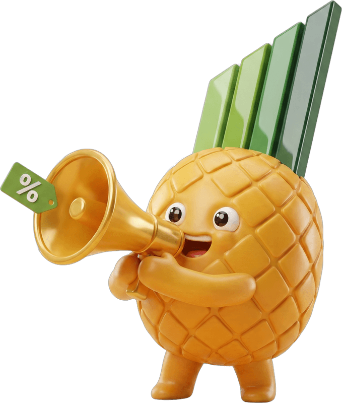 The Pinapl mascot shouting through a golden megaphone, a discount tag flying from the cone.