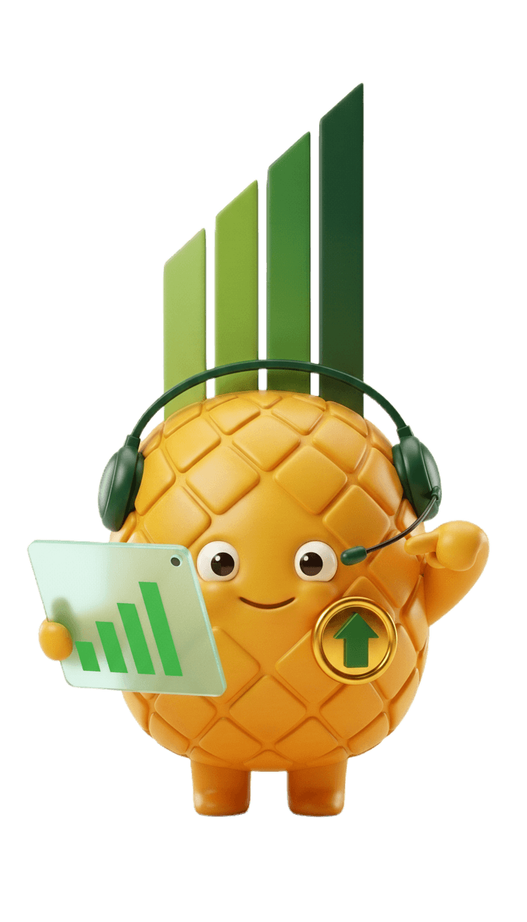 The Pinapl mascot at work in a headset, holding a dashboard panel of rising green revenue bars.