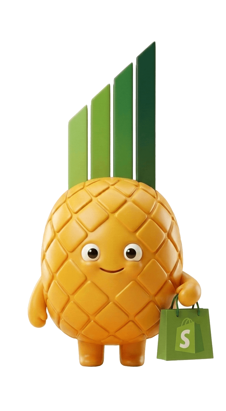 The Pinapl mascot — a glossy pineapple with a green growth-bar crown and a friendly smile, holding a green Shopify shopping bag.