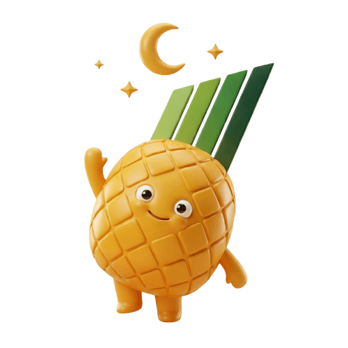 The Pinapl mascot waving goodnight under a gold crescent moon and stars while its campaigns keep running.