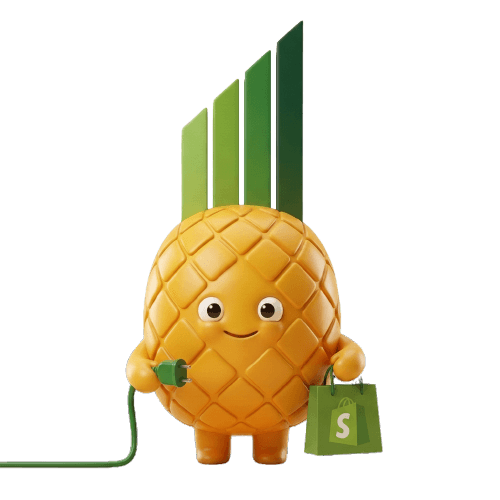 The Pinapl mascot connecting its store, holding a green plug in one hand and a green Shopify shopping bag in the other.