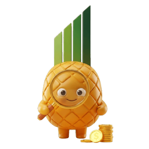 The Pinapl mascot peering through a magnifying glass at a stack of gold coins it just found.
